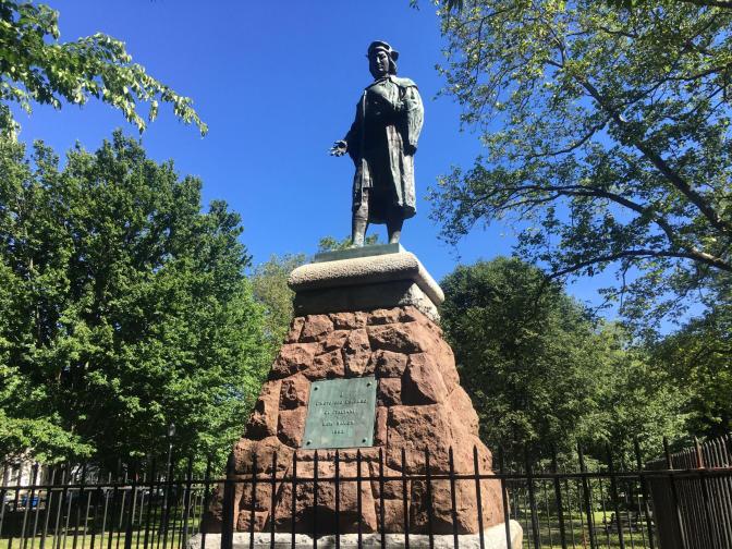 A statue of Christopher Columbus in New Haven's Wooster Square, which was removed.