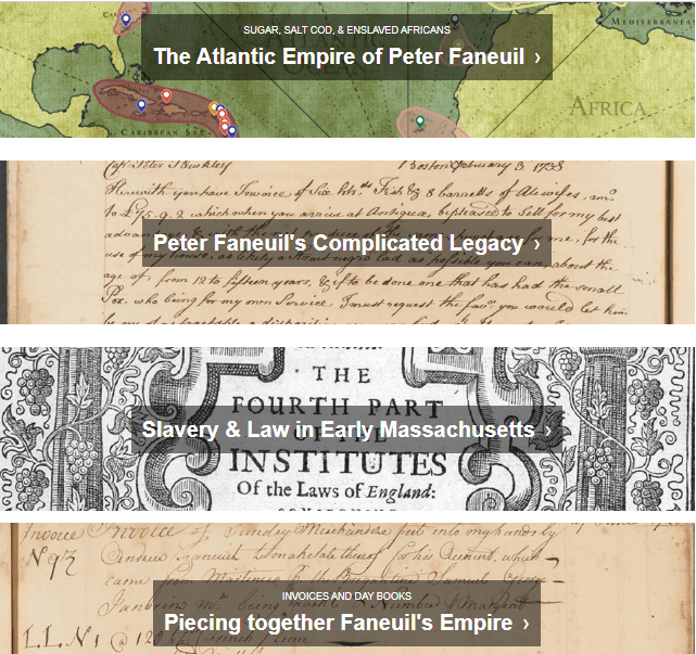 Screenshot of different links from National Parks of Boston website that explore Peter Faneuil's role in the Atlantic Slave Trade.