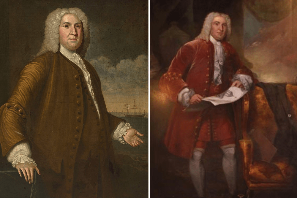 Comparison of two portraits of Peter Faneuil, one of him in front of a merchant vessel and one holding blueprints to his namesake hall.