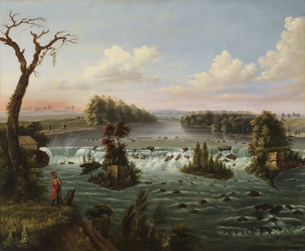 Oil painting of the Falls of Saint Anthony, Upper Mississippi. An Indigenous person stands to the left on a bluff overlooking the falls.