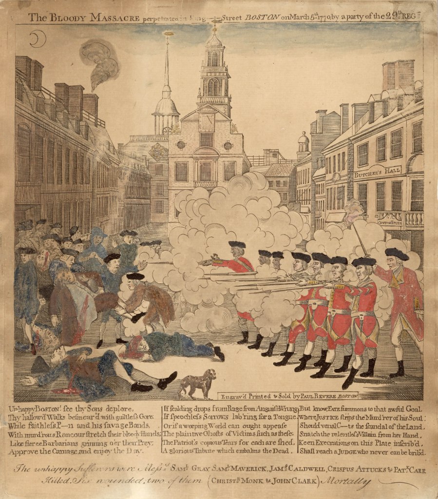 Illustration of the Boston Massacre showing British soldiers firing on a crowd of colonists, with buildings in the background and smoke rising from the scene.
